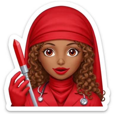 Lilith scalpel in hand, evil surgeon sexy surgeon clothes.  She has red eyes. She brown long curly hair. Wears sexy doctor outfit with red gloves. Covers mouth necknose with red burka to hide her identity sticker
