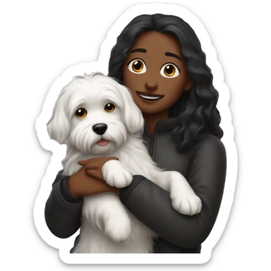 Dark-red-haired girl hugs  her maltese black dog sticker