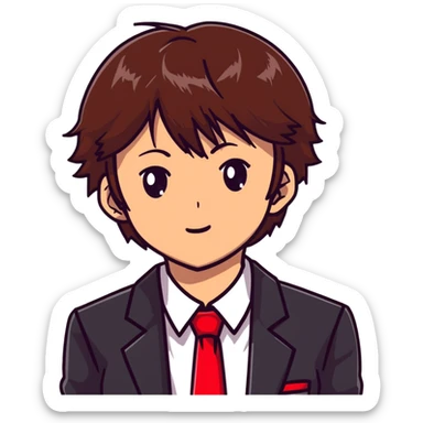 Kiyotaka Ayanokoji from Classroom of the Elite, calm and emotionless expression, brown hair with bangs, sharp eyes, wearing red school blazer with white shirt sticker