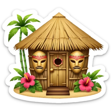 Hawaiian tiki hut house, round tropical hut, bamboo details, thatched roof, tiki masks decoration, hibiscus flowers, cute mobile game icon, 3D cartoon, clean background, no text sticker