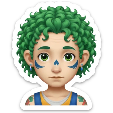 green curly  haired heavy blue tattooed big head accessory big nose mid size ear young sticker