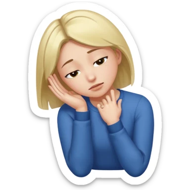 Can you make a girl face forwards and drop her head downwards facing the ground where her right arm is bent with her elbow outwards and her fingertips near her face while the left hand is put out straight and fingers pointed.  sticker