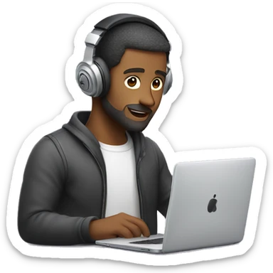 man in headphones talking hold laptop and phone only upper part of body  sticker