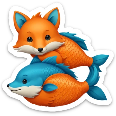 Make a bright orange fish and a teal blue fox that are hugging or cuddling each other sticker