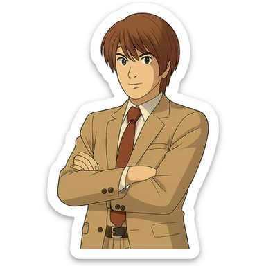 Create an exact Light Yagami in Ghibli style, standing with his arms crossed, wearing the same suit, and maintaining the same confident expression. The background should be transparent. sticker