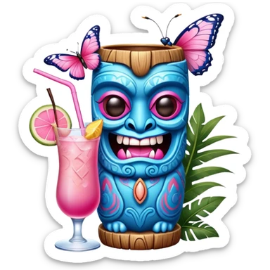 Pixar style little Blue and pink tiki singing with a butterfly and tropical drink, ultra detailed and lifelike imagery, realistic sticker