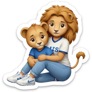 friendly anthropomorphised female lion wearing a baseball shirt, jeans, and trainers, on her hunches, comforting a friend sticker