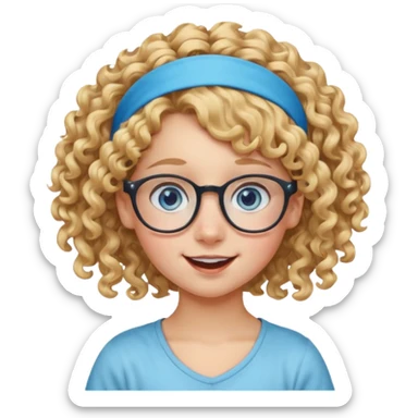 blond kid with unique face features and very curly hair kid girl happy and big glasess and big nose and very blue eyes and headband with freckles kind of nerd looking sticker