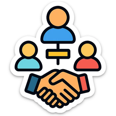 Volio-style icon for human resources, with abstract figures, handshake, or organizational chart, in a modern and approachable style sticker