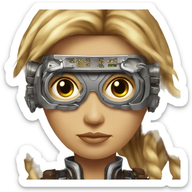Brown long hair with blonde steaks female cyborg head, fair skin, steampunk goggles and circuits sticker