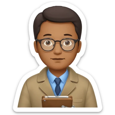 Middle-aged asian male vet – glasses, coat, writing notes on clipboard. sticker