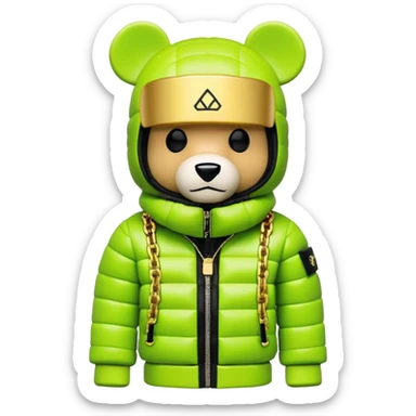 ultra-detailed bearbrick figure with perfect cube head and geometric body, wearing premium lime green balaclava with sleek integrated black visor lens at eyes, luxury oversized designer puffer jacket with prominent logo and lavish fur trim collar, heavy gold chains, streetwear icon sticker