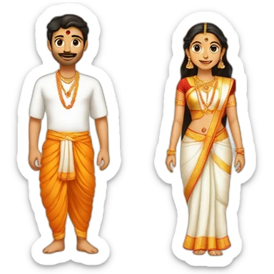 a hindu couple (male - fair, in late 20s, wearing traditional dhoti with tilak and janeyu), female (early 20s, short and fair, wearing traditional and bindi)  sticker