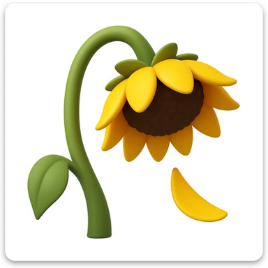 Create a wilted sunflower emoji with a drooping stem, one leaf, and a sunflower head with yellow petals and a brown center, with one petal fallen to the side. Match the style and pose of the provided image, but adapt it to a 3D emoji look similar to Microsoft style 3D fluent emojis. sticker