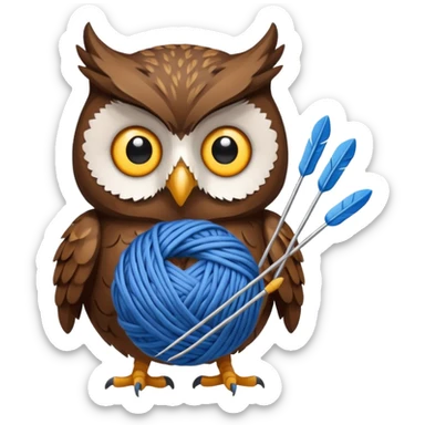Owl holding blue yarn ball and knitting needles sticker