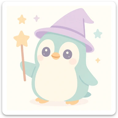 a penguin dressed as a wizard, with a pointy hat and a magic staff, whimsical style sticker