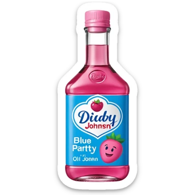 bottle of oil blue top pink outside with logo that says Diddy Party oil Johnson and Johnson  brand with a smiling berry on top sticker