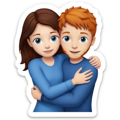 Ginger boy hugging girl with very dark brown hair. Both have blue eyes.  sticker
