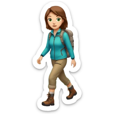 woman hiking in the woods in the sunshine. light face and green eyes. sticker