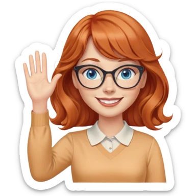 redheaded woman with very long wavy hair and bangs, blue eyes, cat-eye glasses, pencil skirt, apricot blouse, waving, smiling sticker