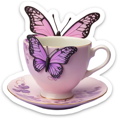 A delicate butterfly with pastel pink wings, resting on the edge of a purple porcelain teacup adorned with intricate violet floral patterns. sticker