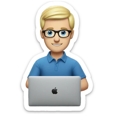man looks 35 classes, european, tech nerd love pcb designing, blue shirt blond short hair, blue eyes with specs behind macbook on with electronics on the desk sticker