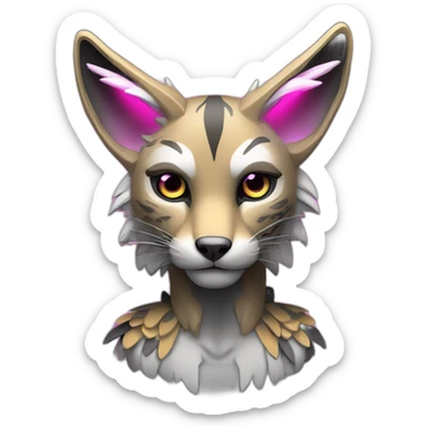 Coyote ocelot standing with grey and black fur and phoenix wings on back and pink ears half skeleton injured nose and face, neon lights sticker