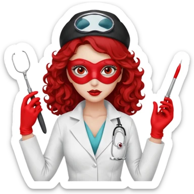 


Scary woman scalpel in hand, evil surgeon sexy surgeon clothes.  She has redcolored  eyes. Her  hair only is free ne brown long curly hair. Wears sexy doctor outfit with red gloves. make her wear red ski mask and nose mask  to hide. Wears white surgeon coat, wears  stilettos sticker