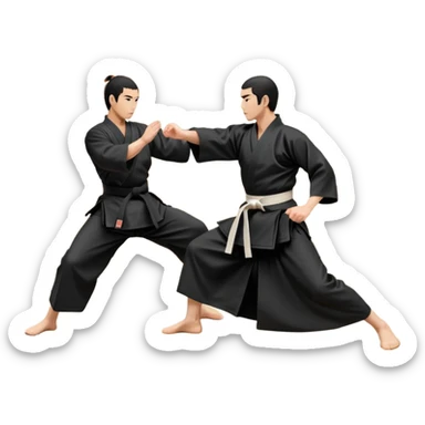 An icon depicting an aikido fighter in a black gi, executing a graceful throw in a martial arts dojo. The background features traditional wooden floors, tatami mats, and a serene atmosphere with soft lighting. The focus is on the fighter's precise technique and fluid movement. Transparent background sticker