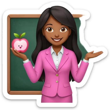 a brown skin teacher with hair with black straight long hair wearing pink not hot pink 2 piece set teaching up on a board the board nothing on the board but a pink apple sticker