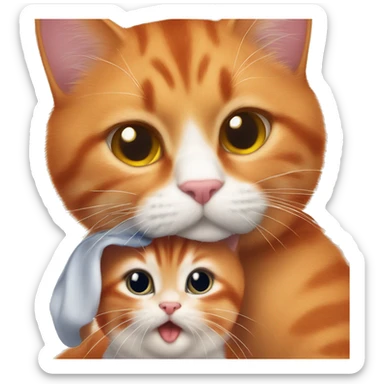 A big red cat kisses a small tricolor kitty sticker