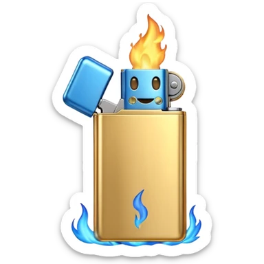 3D emoji icon of a golden metallic lighter with a blue flame, high quality, 3D render, minimalist white background sticker