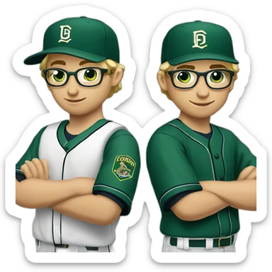 Blonde male short hair with glasses Dark green baseball uniform with hat Blue eyes a cobra snake logo with "C". waist up with a laptop behind the shoulder sticker