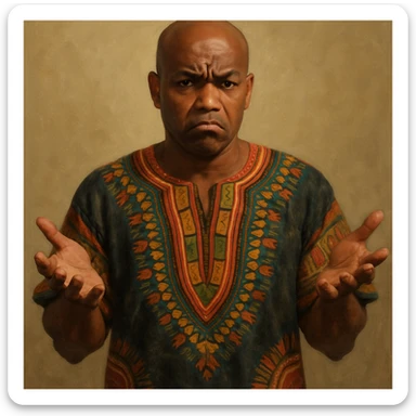 Сгенерируй мне афроамериканца в национальном африканском костюме, лысого,  . Строго в анфас. Его лицо чуточку недовольно, а руками он размахивает и разводит в сторону. На однородном фоне. В стиле реалистичной живописи. Он полностью помещается в экран и не обрезается краями изображения sticker