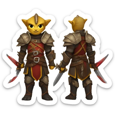 Dragonborn fighter with twin swords  with red blades and yellow Handel  sticker