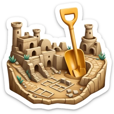An icon showing an ancient city excavation site with a shovel, an old map, and uncovered ancient amphoras. The design captures the thrill of uncovering historical treasures and ruins. Transparent background highlights the excitement of archaeological discovery. sticker