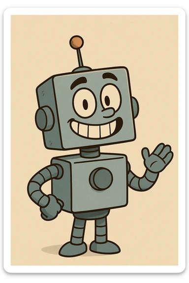 cartoon robot, boxy design, antenna, smiling, simple background sticker