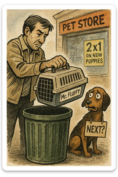 "Primo piano dell'uomo che butta il cesto del gatto (con ancora la scritta 'Mr. Fluffy') nel cassonetto, mentre il cane lo guarda terrorizzato con un cartello al collo: 'PROSSIMO?'. Sullo sfondo, un negozio di animali con l'insegna '2x1 su nuovi cuccioli'. Stile illustrazione editoriale, inchiostro e acquerello." sticker