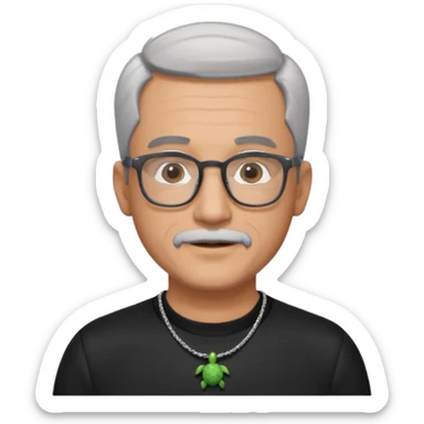 Tony Barceló is a large, strong, lively man in his 70s with short, neatly combed gray hair and a trimmed goatee. He has a broad round face, square glasses, and a confident presence. He wears a black outfit with a silver turtle necklace, reflecting his thoughtful, creative energy as a writer. sticker