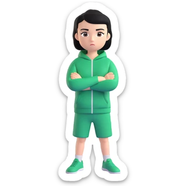 main character from Squid Game wearing green tracksuit, short black hair, serious face, arms crossed sticker