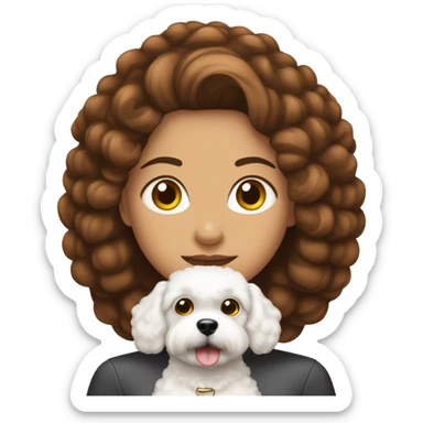 mujer con peinado largo marron con perro bichon blanco sticker