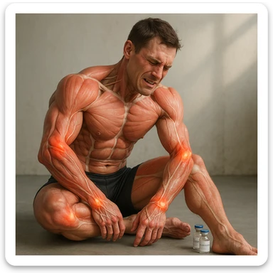 realistic and anatomical crossfit athlete with widespread joint problems (shoulders, elbows, knees, wrists), visible muscles and joints, pained expression, vials labeled 'Stanozololo' nearby, natural light, neutral background sticker