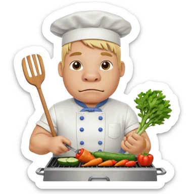 hippo man with tied blond hair and and a white apron grilling vegetables on a sizzling grill sticker