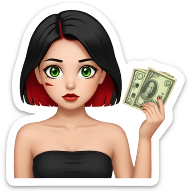 Girl. Green hazel eyes. Black hair with red money-piece hair style and red perk-a-boo underlights. Medium long hair. black strapless crop top. birthmarks on the lower right side of the nose and under the lips on the left. Skinny face. sticker