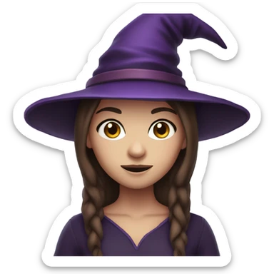 a young white thin girl with straight brown hair and dark eyes dressed as a witch with purple hat sticker