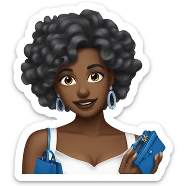 Brown Black woman in her mid-20s with blowout curls, wearing a white dress, holding a blue mini Hermes Kelly BAG, and a 7-carat ring. A White  man with blue eyes, dark grey hair, mustache, and an expensive watch, smiling at her.” sticker