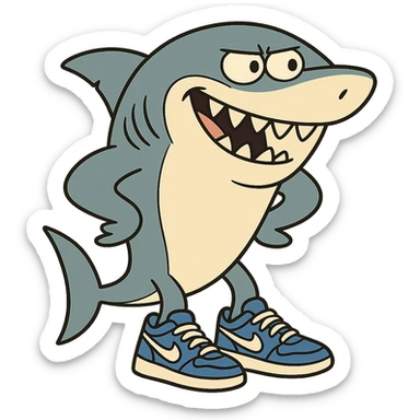 a cartoon shark wearing blue Nike sneakers, playful and bold, vibrant colors sticker