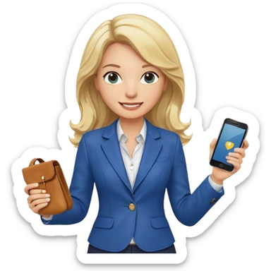 Confident and outgoing female entrepreneur, Caucasian features, medium-length wavy blonde hair, big friendly smile, expressive eyes, wearing a fitted blue blazer over a light blouse, holding a smartphone in one hand and a leather handbag in the other, waist-up, front-facing sticker