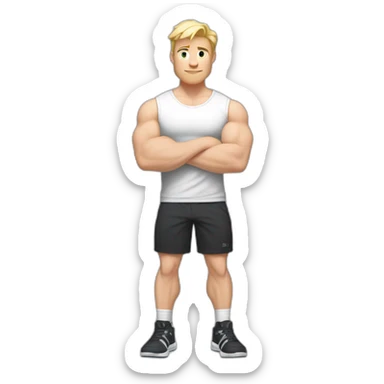 Full height Pale skinned fit man With Wide jaw, biceps and blonde hair In dark gray sleeveless mike, black oversize sports shorts, watch and white sneakers. his arms crossed over his chest sticker
