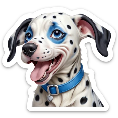 Cinematic Cute Yawning Harlequin Dalmatian Portrait Emoji, Head tilted slightly with a dramatic, wide-open yawn, showcasing a smooth Fur of predominantly white with bold black patches, floppy ears slightly drooping, round blue eyes barely open in drowsy contentment, Simplified yet irresistibly adorable features, highly detailed, glowing with a soft, cozy glow, high shine, relaxed yet expressive, stylized with a touch of whimsy, bright and endearing, soft glowing outline, capturing the essence of a sleepy yet affectionate guardian, so drowsy it feels like it could stretch out of the screen and curl up for a nap! sticker